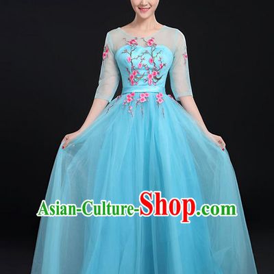 Traditional Chinese Modern Dancing Compere Costume, Women Opening Classic Chorus Singing Group Dance Bubble Uniforms, Modern Dance Embroidered Plum Blossom Long Blue Dress for Women