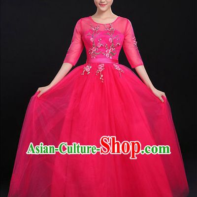 Traditional Chinese Modern Dancing Compere Costume, Women Opening Classic Chorus Singing Group Dance Bubble Uniforms, Modern Dance Embroidered Plum Blossom Long Rose Dress for Women