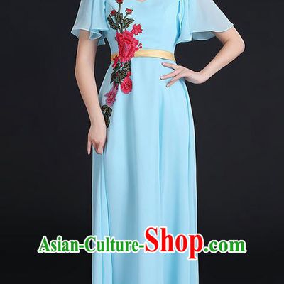 Traditional Chinese Modern Dancing Compere Costume, Women Opening Classic Chorus Singing Group Dance Peony Uniforms, Modern Dance Classic Dance Long Red Dress for Women