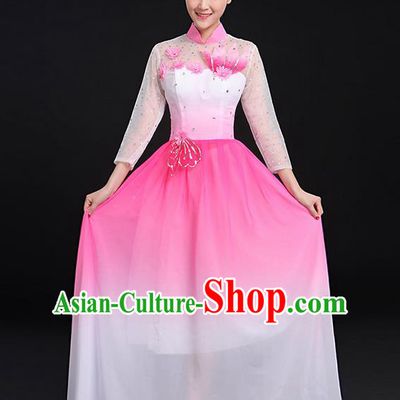 Traditional Chinese Modern Dancing Compere Costume, Women Opening Classic Chorus Singing Group Dance Big Swing Uniforms, Modern Dance Long Pink Flowers Dress for Women