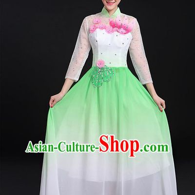 Traditional Chinese Modern Dancing Compere Costume, Women Opening Classic Chorus Singing Group Dance Big Swing Uniforms, Modern Dance Long Green Flowers Dress for Women