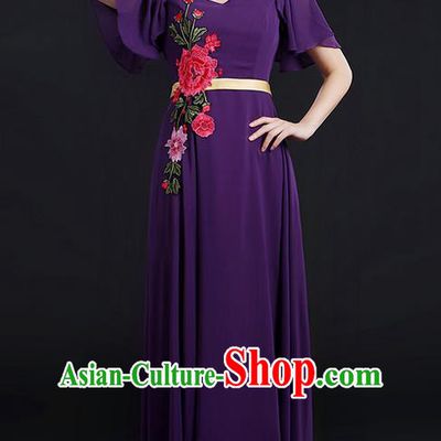 Traditional Chinese Modern Dancing Compere Costume, Women Opening Classic Chorus Singing Group Dance Peony Uniforms, Modern Dance Classic Dance Long Purple Dress for Women