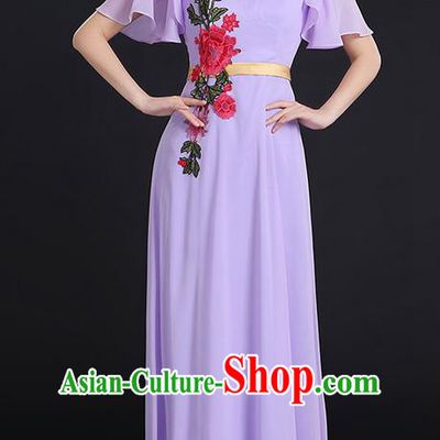 Traditional Chinese Modern Dancing Compere Costume, Women Opening Classic Chorus Singing Group Dance Peony Uniforms, Modern Dance Classic Dance Long Lilac Dress for Women
