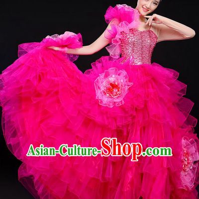 Traditional Chinese Modern Dancing Compere Costume, Women Opening Classic Chorus Singing Group Dance Big Swing Uniforms, Modern Dance Classic Dance Long Bubble Dress for Women