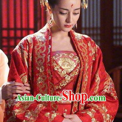 Traditional Ancient Chinese Imperial Consort Wedding Costume, Elegant Hanfu Fairy Red Dress Chinese Tang Dynasty Bride Imperial Concubine Tailing Embroidered Clothing for Women