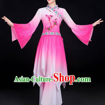 Traditional Chinese Yangge Fan Dancing Costume, Folk Dance Yangko Fairy Uniforms, Classic Lotus Dance Elegant Dress Drum Dance Pink Clothing for Women