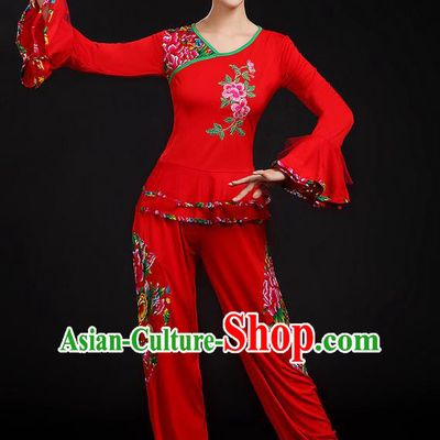 Traditional Chinese Yangge Fan Dancing Costume, Folk Dance Yangko Mandarin Sleeve Uniforms, Classic Dance Elegant Dress Drum Dance Peony Red Clothing for Women