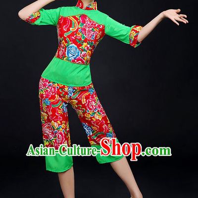 Traditional Chinese Yangge Fan Dancing Costume, Folk Dance Yangko Fairy Uniforms, Classic Dance Elegant Dress Drum Dance Peony Green Clothing for Women