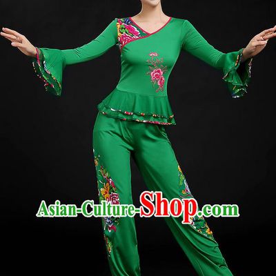 Traditional Chinese Yangge Fan Dancing Costume, Folk Dance Yangko Mandarin Sleeve Uniforms, Classic Dance Elegant Dress Drum Dance Peony Green Clothing for Women