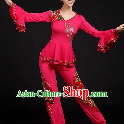 Traditional Chinese Yangge Fan Dancing Costume, Folk Dance Yangko Mandarin Sleeve Uniforms, Classic Dance Elegant Dress Drum Dance Peony Rose Clothing for Women