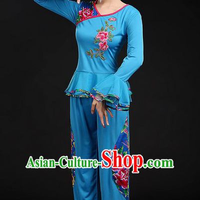 Traditional Chinese Yangge Fan Dancing Costume, Folk Dance Yangko Mandarin Sleeve Uniforms, Classic Dance Elegant Dress Drum Dance Peony Blue Clothing for Women