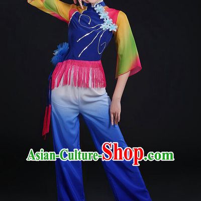 Traditional Chinese Yangge Fan Dancing Costume, Folk Dance Yangko Mandarin Sleeve Uniforms, Classic Dance Elegant Dress Drum Dance Tassel Blue Clothing for Women