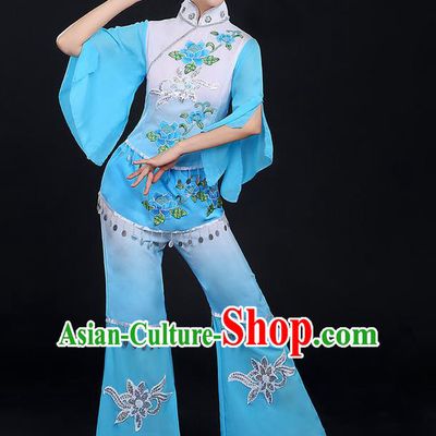 Traditional Chinese Yangge Fan Dancing Costume, Folk Dance Yangko Mandarin Sleeve Paillette Uniforms, Classic Dance Elegant Dress Drum Dance Peony Blue Clothing for Women