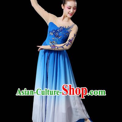Traditional Chinese Yangge Fan Dancing Costume, Folk Dance Yangko Uniforms, Classic Umbrella Dance Elegant Dress Drum Dance Sequins Phoenix Blue Clothing for Women