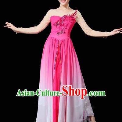 Traditional Chinese Yangge Fan Dancing Costume, Folk Dance Yangko Uniforms, Classic Umbrella Dance Elegant Dress Drum Dance Sequins Phoenix Rose Clothing for Women