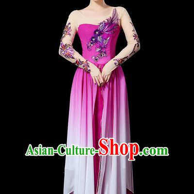 Traditional Chinese Yangge Fan Dancing Costume, Folk Dance Yangko Uniforms, Classic Umbrella Dance Elegant Dress Drum Dance Sequins Phoenix Purple Clothing for Women