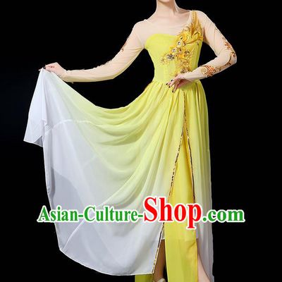 Traditional Chinese Yangge Fan Dancing Costume, Folk Dance Yangko Uniforms, Classic Umbrella Dance Elegant Dress Drum Dance Sequins Phoenix Yellow Clothing for Women