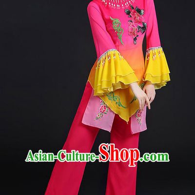 Traditional Chinese Yangge Fan Dancing Costume, Folk Dance Yangko Mandarin Sleeve Uniforms, Classic Umbrella Dance Elegant Dress Drum Dance Sequins Peony Clothing for Women