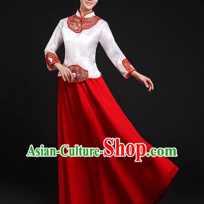 Traditional Chinese Modern Dancing Compere Costume, Women Opening Classic Chorus Singing Group Dance Uniforms, Modern Dance Classic Dance Cheongsam Red Dress for Women