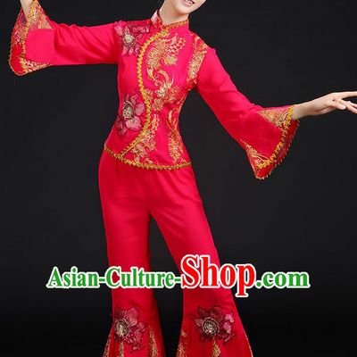 Traditional Chinese Yangge Fan Dancing Costume, Folk Dance Yangko Mandarin Sleeve Paillette Uniforms, Classic Dance Elegant Dress Drum Dance Paillette Rose Clothing for Women