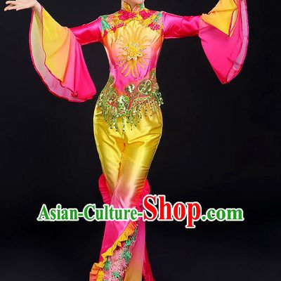 Traditional Chinese Yangge Fan Dancing Costume, Folk Dance Yangko Mandarin Sleeve Paillette Uniforms, Classic Dance Elegant Dress Drum Dance Paillette Tassel Clothing for Women