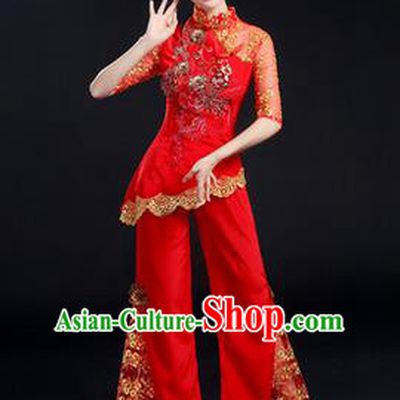Traditional Chinese Yangge Fan Dancing Costume, Folk Dance Yangko Paillette Uniforms, Classic Dance Elegant Dress Drum Dance Paillette Red Clothing for Women