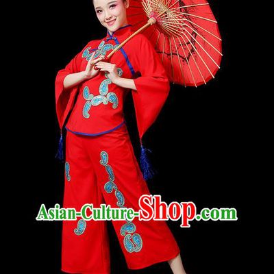 Traditional Chinese Yangge Fan Dancing Costume, Folk Dance Yangko Mandarin Sleeve Uniforms, Classic Dance Elegant Dress Drum Dance Red Clothing for Women