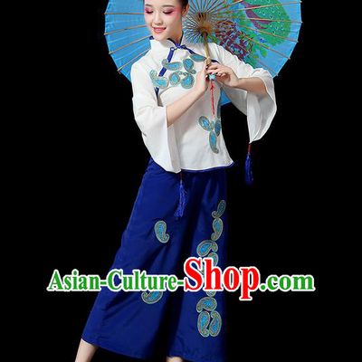 Traditional Chinese Yangge Fan Dancing Costume, Folk Dance Yangko Mandarin Sleeve Uniforms, Classic Dance Elegant Dress Drum Dance Blue Clothing for Women