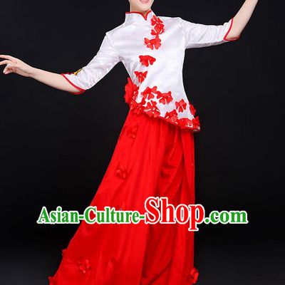Traditional Chinese Yangge Fan Dancing Costume, Folk Dance Yangko Uniforms, Classic Dance Elegant Dress Drum Dance Red Clothing for Women