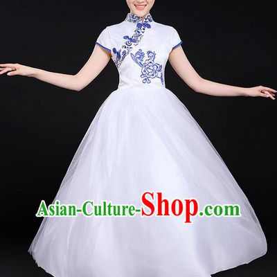 Traditional Chinese Modern Dancing Compere Costume, Women Opening Classic Chorus Singing Group Dance Uniforms, Modern Dance Classic Dance Cheongsam Bubble Dress for Women