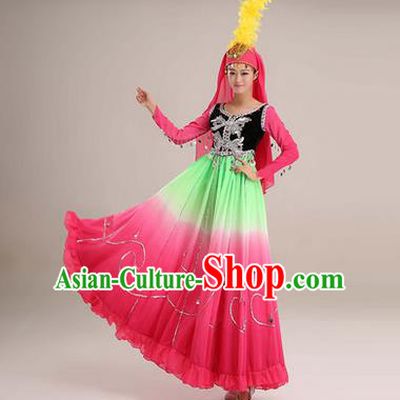 Traditional Chinese Uyghur nationality Dancing Costume, Folk Dance Ethnic Costume, Chinese Minority Nationality Uigurian Dance Big Swing Pink Dress for Women