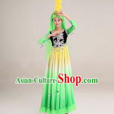 Traditional Chinese Uyghur nationality Dancing Costume, Folk Dance Ethnic Costume, Chinese Minority Nationality Uigurian Dance Big Swing Green Dress for Women