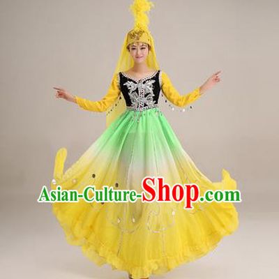 Traditional Chinese Uyghur nationality Dancing Costume, Folk Dance Ethnic Costume, Chinese Minority Nationality Uigurian Dance Big Swing Yellow Dress for Women