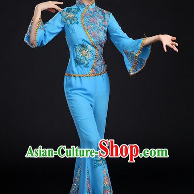 Traditional Chinese Yangge Fan Dancing Costume, Folk Dance Yangko Mandarin Sleeve Paillette Uniforms, Classic Dance Elegant Dress Drum Dance Paillette Blue Clothing for Women