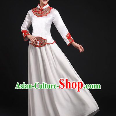 Traditional Chinese Modern Dancing Compere Costume, Women Opening Classic Chorus Singing Group Dance Uniforms, Modern Dance Classic Dance Cheongsam White Dress for Women