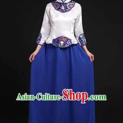 Traditional Chinese Modern Dancing Compere Costume, Women Opening Classic Chorus Singing Group Dance Uniforms, Modern Dance Classic Dance Cheongsam Blue Dress for Women