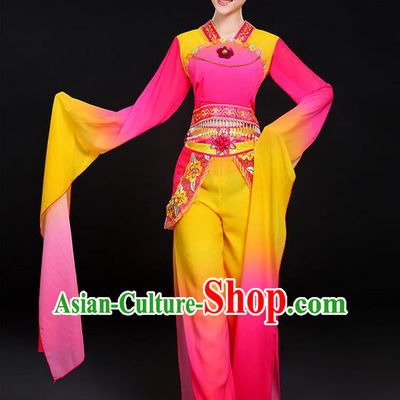 Traditional Chinese Yangge Fan Dancing Costume, Folk Dance Yangko Water Sleeve Uniforms, Classic Umbrella Dance Elegant Dress Drum Dance Pink Clothing for Women