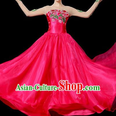 Traditional Chinese Modern Dancing Compere Costume, Women Opening Classic Chorus Singing Group Dance Uniforms, Modern Dance Classic Dance Peony Rose Big Swing Dress for Women