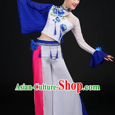 Traditional Chinese Yangge Fan Dancing Costume, Folk Dance Yangko Mandarin Sleeve Blue and White Porcelain Uniforms, Classic Umbrella Dance Elegant Dress Drum Dance Embroidered Peony Clothing for Women