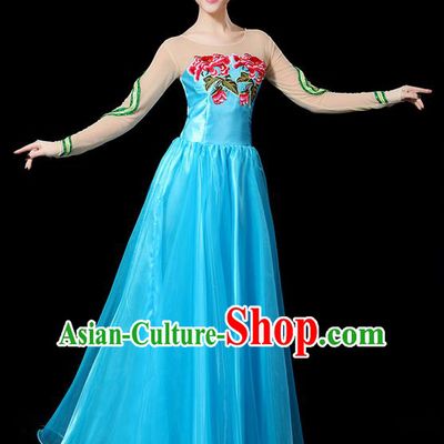 Traditional Chinese Modern Dancing Compere Costume, Women Opening Classic Chorus Singing Group Dance Uniforms, Modern Dance Classic Dance Peony Blue Big Swing Dress for Women