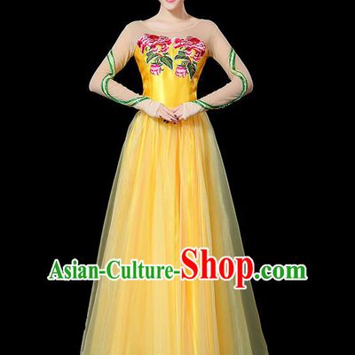 Traditional Chinese Modern Dancing Compere Costume, Women Opening Classic Chorus Singing Group Dance Uniforms, Modern Dance Classic Dance Peony Yellow Big Swing Dress for Women