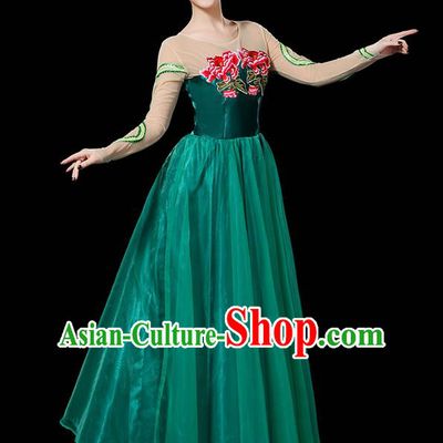 Traditional Chinese Modern Dancing Compere Costume, Women Opening Classic Chorus Singing Group Dance Uniforms, Modern Dance Classic Dance Peony Atrovirens Big Swing Dress for Women