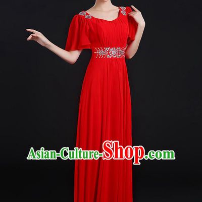 Traditional Chinese Modern Dancing Compere Costume, Women Opening Classic Chorus Singing Group Dance Uniforms, Modern Dance Classic Dance Big Swing Crystal Red Dress for Women