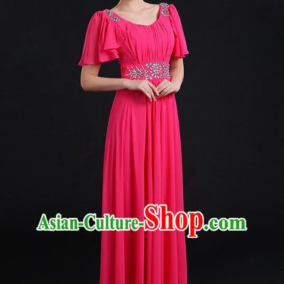 Traditional Chinese Modern Dancing Compere Costume, Women Opening Classic Chorus Singing Group Dance Uniforms, Modern Dance Classic Dance Big Swing Crystal Rose Dress for Women