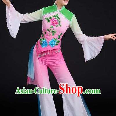 Traditional Chinese Yangge Fan Dancing Costume, Folk Dance Yangko Mandarin Sleeve Uniforms, Classic Umbrella Dance Elegant Dress Drum Dance Embroidered Peony Clothing for Women