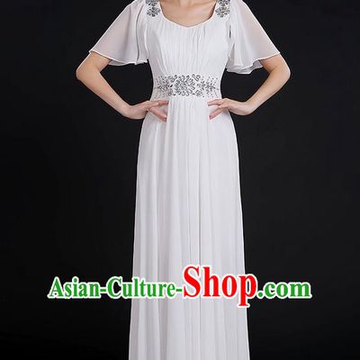 Traditional Chinese Modern Dancing Compere Costume, Women Opening Classic Chorus Singing Group Dance Uniforms, Modern Dance Classic Dance Big Swing Crystal White Dress for Women