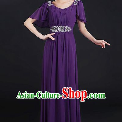Traditional Chinese Modern Dancing Compere Costume, Women Opening Classic Chorus Singing Group Dance Uniforms, Modern Dance Classic Dance Big Swing Crystal Purple Dress for Women