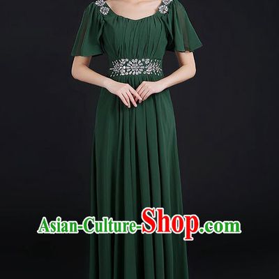 Traditional Chinese Modern Dancing Compere Costume, Women Opening Classic Chorus Singing Group Dance Uniforms, Modern Dance Classic Dance Big Swing Crystal Atrovirens Dress for Women