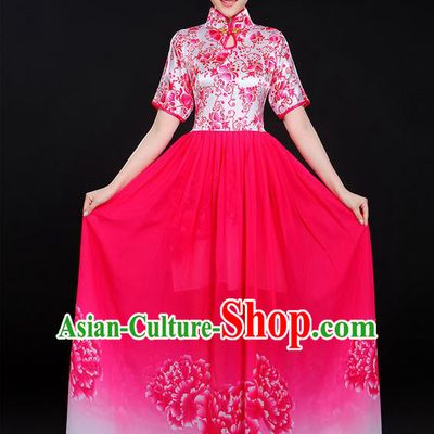 Traditional Chinese Modern Dancing Compere Costume, Women Opening Classic Chorus Singing Group Dance Uniforms, Modern Dance Classic Dance Big Swing Pink Cheongsam Dress for Women