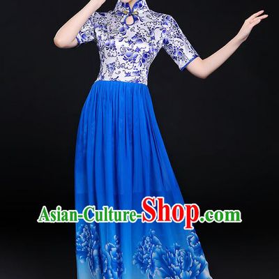 Traditional Chinese Modern Dancing Compere Costume, Women Opening Classic Chorus Singing Group Dance Uniforms, Modern Dance Classic Dance Big Swing Blue Cheongsam Dress for Women